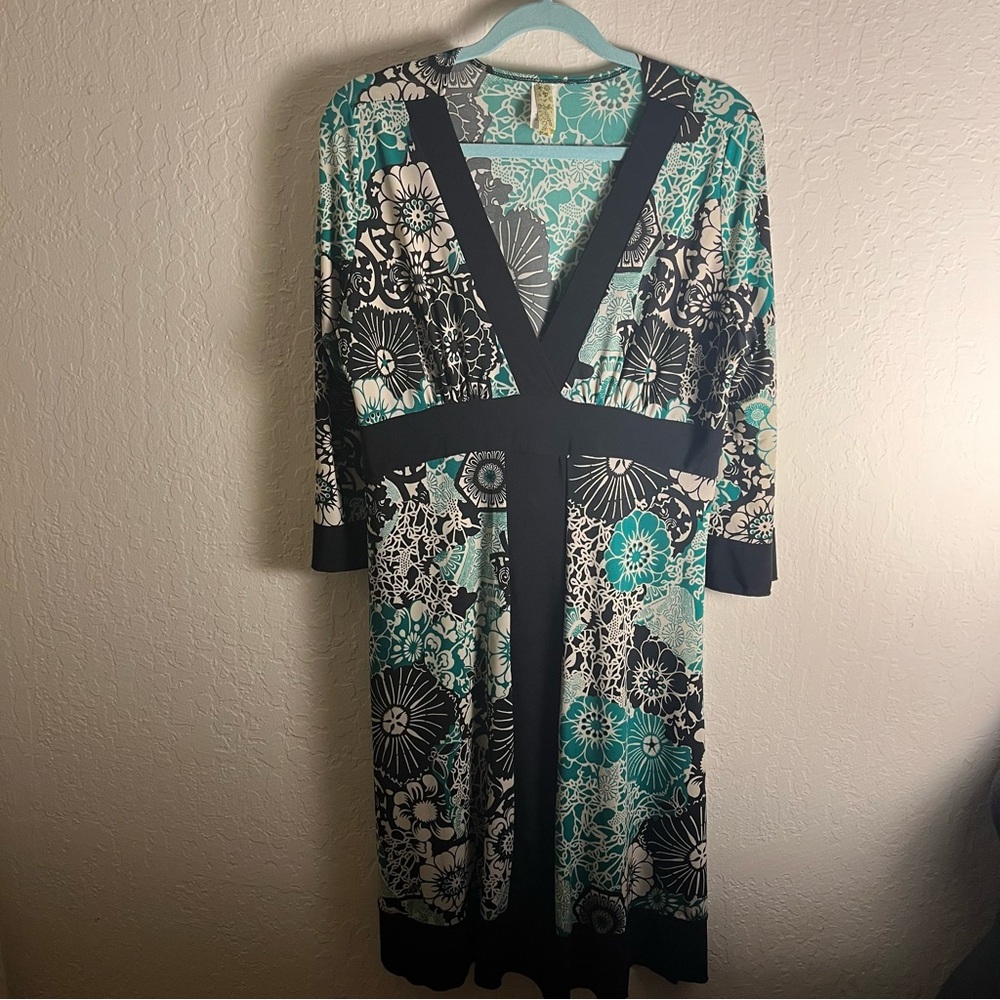AMERICAN ONE Teal and Black Floral Midi Dress